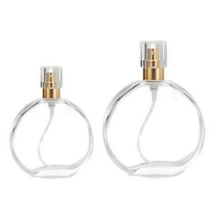 perfume circular con spray atomizador plano con tapa dorada
