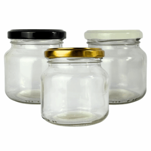 Bollón de vidrio 250ml con tapa metálica a rosca disponible en color dorado, negro o blanco. Frasco de vidrio ideal para conservas, miel, dulces o cosmética natural. Envase reutilizable con diseño clásico y resistente. bollon de vidrio con tapa dorada dorado negra negro blanca blanco 250ml