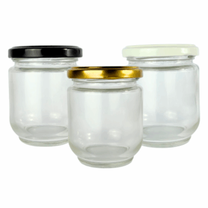 Bollón de vidrio de 200ml con tapa metálica a rosca en color dorado, negro o blanco. Envase ideal para conservas, cosmética, velas o souvenirs. Frasco de vidrio pequeño resistente y versátil. bollon de vidrio con tapa dorada dorado negra negro blanca blanco 200ml