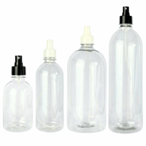 Botellas PET transparentes con sprey blanco blanca o negra negro, disponibles en tamaños 250ml, 500ml, 1 litro alta, 1 litro baja Envases plásticos seguros para cosmética, limpieza, alimentos y productos líquidos