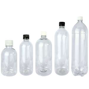 Botellas PET transparentes con tapa ciega precintada blanca o negra, disponibles en tamaños 250ml, 500ml, 1 litro alta, 1 litro baja y 2 litros. Envases plásticos seguros para cosmética, limpieza, alimentos y productos líquidos. precinto