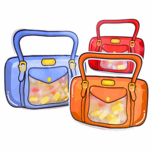bolsa ziploc infantil, bolsa con diseño bolso, bolsa con asa, bolsa con base expandible, packaging para niños, sorpresitas fiestas, bolsa reutilizable, bolsa de golosinas, packaging creativo infantil, bolsa colores rojo azul naranja, ziploc con forma de bolso, bolsas divertidas para chicos, empaque original para regalos