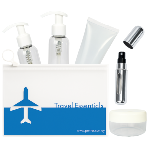 kit de viaje completo, frascos con cremera para avión, decant de perfume para viaje, kit de frascos rellenables, set de viaje 100ml, pomo 60ml, pote 30g, kit para equipaje de mano, kit de viaje cosmético.